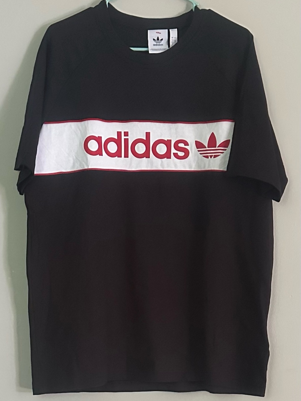 adidas Black Short Sleeve Tee with White Chest Panel and Red Logo